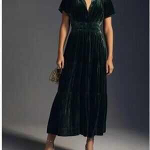 Anthropologie Somerset Maxi Forest Green Velvet Dress Size Large Christmas Dress